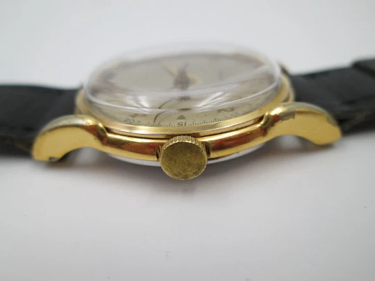 Record. Manual wind. 1960's. Steel & gold plated. Swiss. Leather strap
