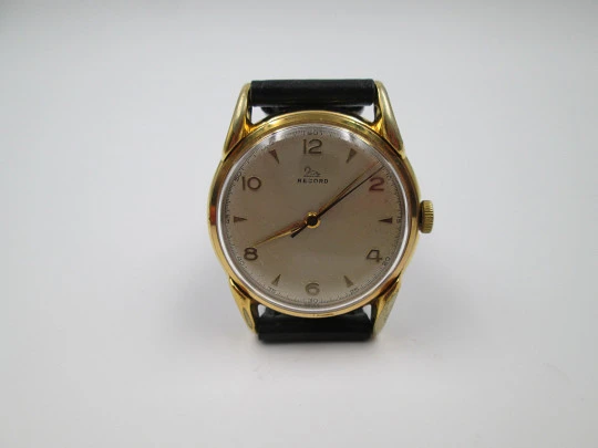 Record. Manual wind. 1960's. Steel & gold plated. Swiss. Leather strap