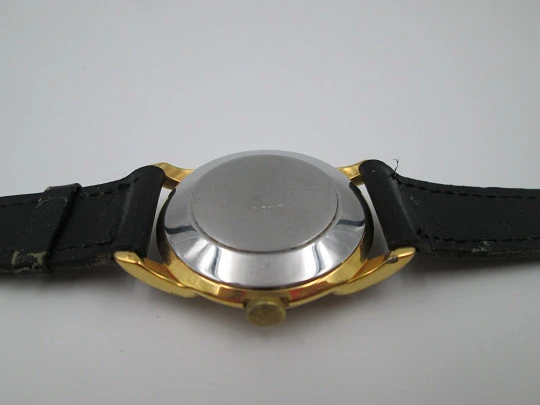 Record. Manual wind. 1960's. Steel & gold plated. Swiss. Leather strap