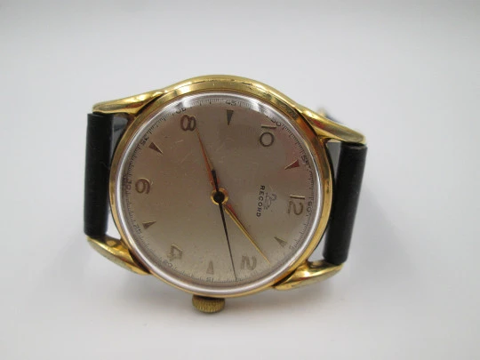 Record. Manual wind. 1960's. Steel & gold plated. Swiss. Leather strap