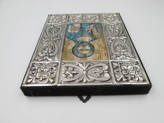 Rectangular byzantine icon Christ Pantocrator. Sterling silver. Wooden frame. Italy. 1980's