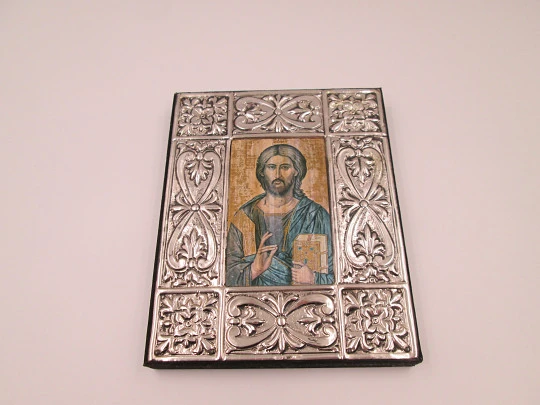 Rectangular byzantine icon Christ Pantocrator. Sterling silver. Wooden frame. Italy. 1980's