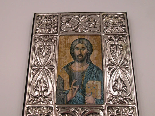 Rectangular byzantine icon Christ Pantocrator. Sterling silver. Wooden frame. Italy. 1980's