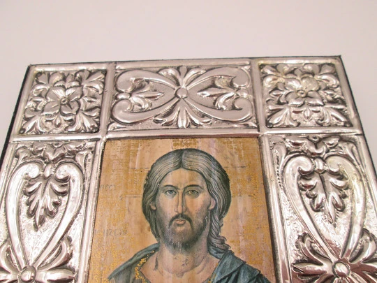 Rectangular byzantine icon Christ Pantocrator. Sterling silver. Wooden frame. Italy. 1980's