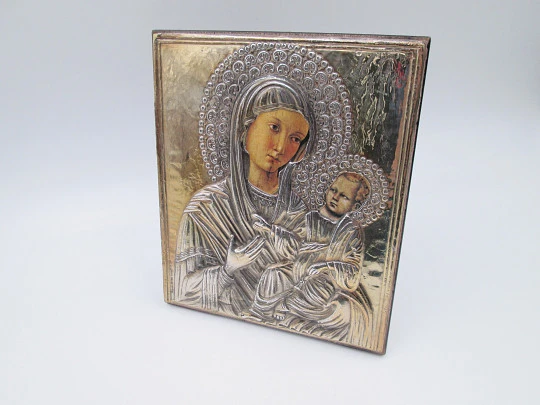 Rectangular byzantine icon Virgin with child. Sterling silver and gold plated. Wooden frame