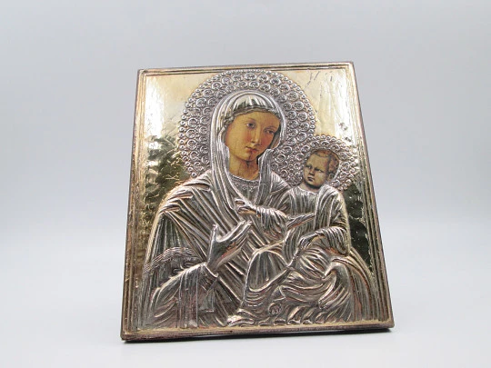 Rectangular byzantine icon Virgin with child. Sterling silver and gold plated. Wooden frame