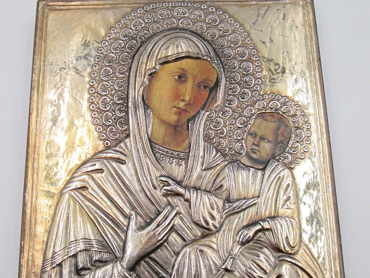 Rectangular byzantine icon Virgin with child. Sterling silver and gold plated. Wooden frame