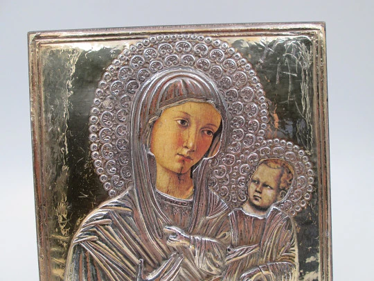 Rectangular byzantine icon Virgin with child. Sterling silver and gold plated. Wooden frame