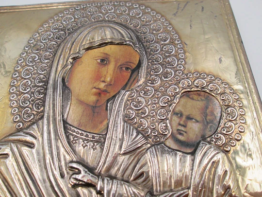 Rectangular byzantine icon Virgin with child. Sterling silver and gold plated. Wooden frame