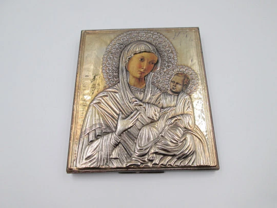Rectangular byzantine icon Virgin with child. Sterling silver and gold plated. Wooden frame