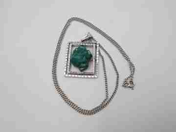 Rectangular green stone pendant with link chain. Sterling silver. 1980's. Europe