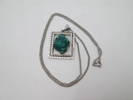 Rectangular green stone pendant with link chain. Sterling silver. 1980's. Europe