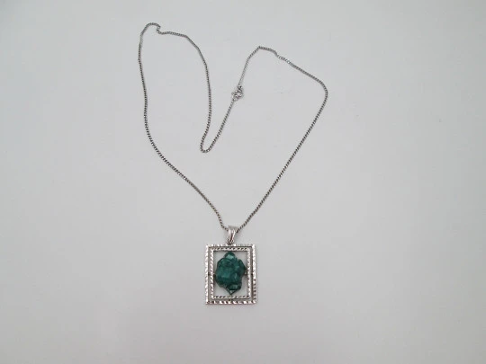 Rectangular green stone pendant with link chain. Sterling silver. 1980's. Europe