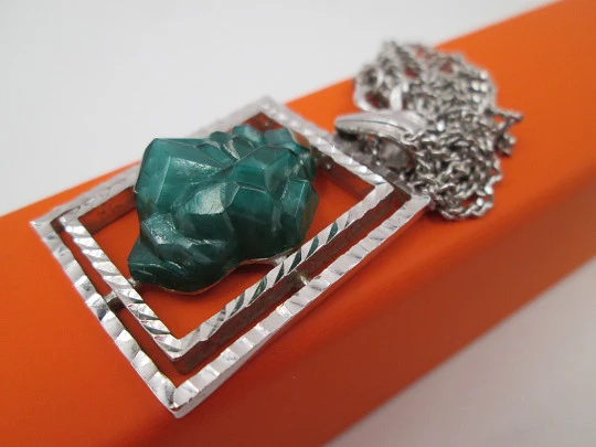 Rectangular green stone pendant with link chain. Sterling silver. 1980's. Europe