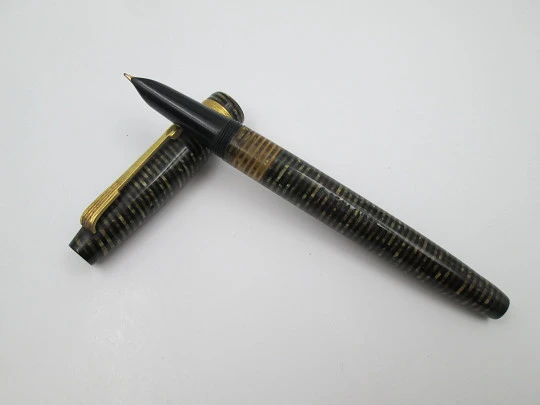 Regia Super fountain pen. Fluted celluloid & gold plated details. 14k gold nib. 1950's