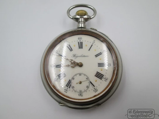 Règulateur. White metal. Porcelain dial. Stem-wind. 1920's. Open-face