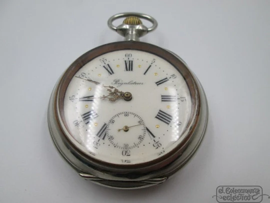 Règulateur. White metal. Porcelain dial. Stem-wind. 1920's. Open-face