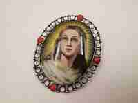 Religious pendant brooch. Silver, porcelain and coral. Radiance Virgin