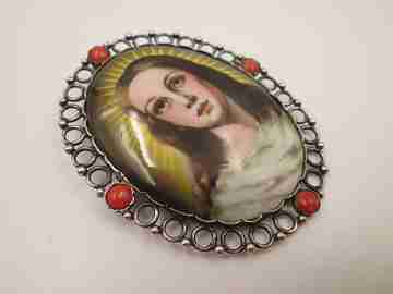 Religious pendant brooch. Silver, porcelain and coral. Radiance Virgin