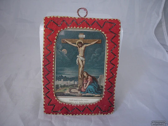 Reliquary. Fabric and metal. Christ crucified. 1970's. Rectangular