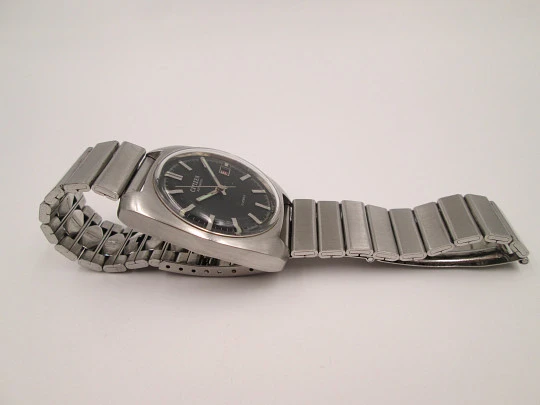 Reloj automático Citizen. Acero inoxidable. Esfera negra. Brazalete. Calendario. 1970