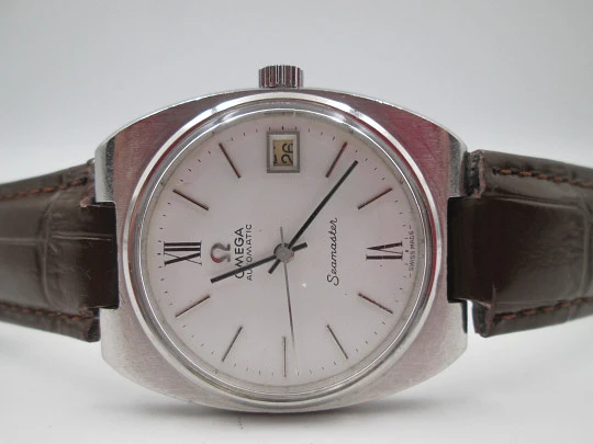 Reloj automático Omega Seamaster. Acero inoxidable. Calendario. Correa de piel. 1970 Reloj automático Omega Seamaster. Acero inoxidable. Calendario. Correa de piel. 1970