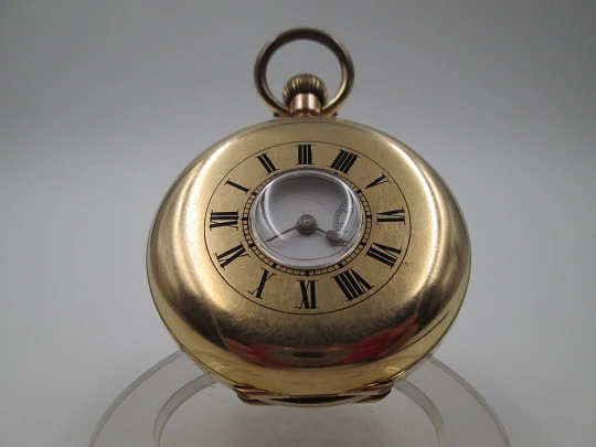 Reloj bolsillo cazador. Suiza. Bañado oro 20 micras. Dial porcelana. 1910