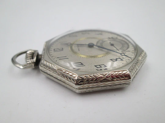 Reloj bolsillo lepine art decó Waltham. Oro blanco 14k. Caja octogonal. EEUU. 1920's