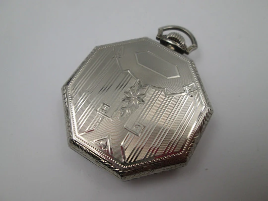 Reloj bolsillo lepine art decó Waltham. Oro blanco 14k. Caja octogonal. EEUU. 1920's