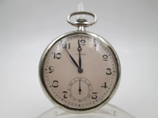 Reloj bolsillo Longines lepine. Acero cromado. Cuerda remontoir. Segundero. Suiza. 1930