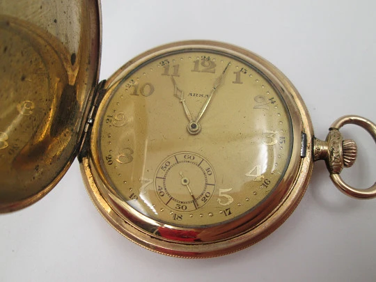 Reloj bolsillo saboneta Arsa. Chapado en oro. Tapas decoradas. Remontoir. Suiza. 1930
