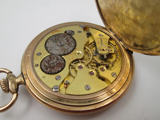 Reloj bolsillo saboneta Arsa. Chapado en oro. Tapas decoradas. Remontoir. Suiza. 1930