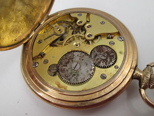 Reloj bolsillo saboneta Arsa. Chapado en oro. Tapas decoradas. Remontoir. Suiza. 1930