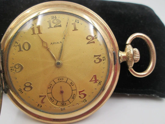 Reloj bolsillo saboneta Arsa. Chapado en oro. Tapas decoradas. Remontoir. Suiza. 1930