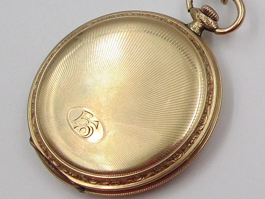 Reloj bolsillo saboneta Arsa. Chapado en oro. Tapas decoradas. Remontoir. Suiza. 1930