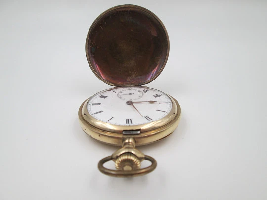 Reloj bolsillo saboneta Elgin. Chapado oro. Dial porcelana. Cuerda remontoir. 1920. Suiza