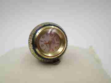 Reloj colgante bola Mortima. Metal dorado y esmalte azul. Francia. 1970. Mujer