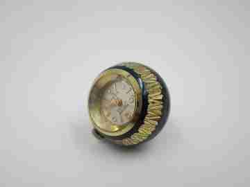 Reloj colgante bola Mortima. Metal dorado y esmalte azul. Francia. 1970. Mujer