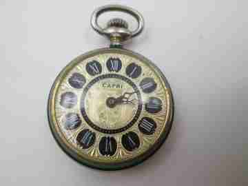 Reloj colgante Capri. Metal plateado y esmalte colores. Remontoir. 1960. Suiza