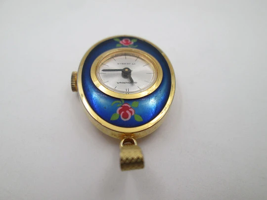 Reloj colgante Grovana. Metal dorado y esmalte de flores. Cuerda manual. Suiza. 1970 Reloj colgante Grovana. Metal dorado y esmalte de flores. Cuerda manual. Suiza. 1970