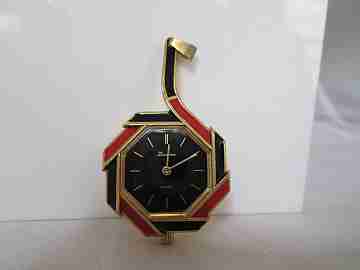 Reloj colgante Lucerne. Metal dorado y esmalte bicolor. 1960