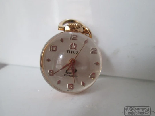 Reloj colgante Titus. Oro 18K. Suiza. 17 gemas. Bola transparente