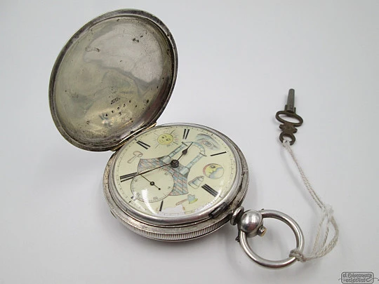 Reloj de bolsillo a llaves. Plata de ley. Esfera masónica. Siglo XIX. Segundero