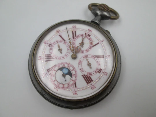 Reloj de bolsillo gran complicación. Hierro y metal dorado. Cuerda remontoir. 1900
