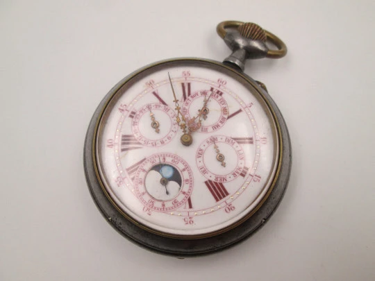 Reloj de bolsillo gran complicación. Hierro y metal dorado. Cuerda remontoir. 1900
