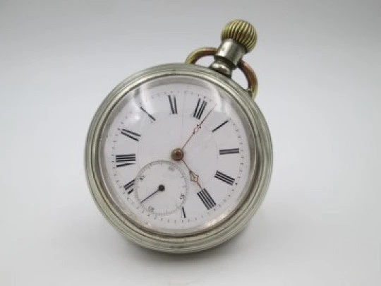 Reloj de bolsillo lepine. Metal plateado. Esfera porcelana. Segundero. 1900