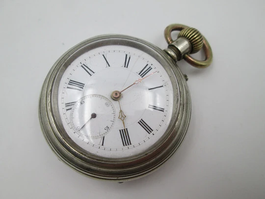 Reloj de bolsillo lepine. Metal plateado. Esfera porcelana. Segundero. 1900