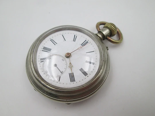 Reloj de bolsillo lepine. Metal plateado. Esfera porcelana. Segundero. 1900