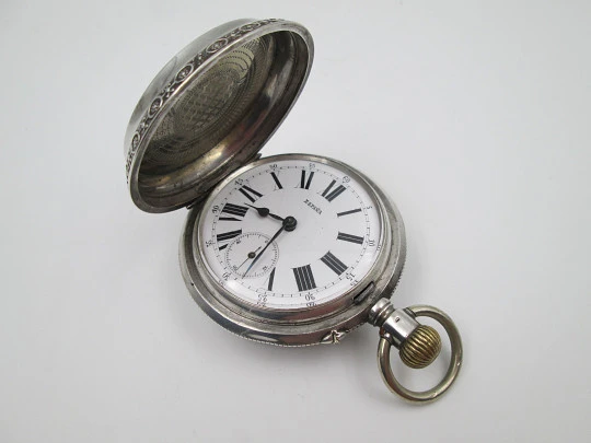 Reloj de bolsillo saboneta Bornand Genève. Marca España. Plata ley 800. Suiza. 1900