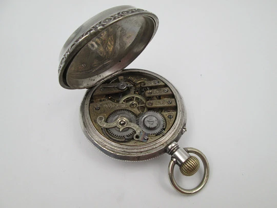 Reloj de bolsillo saboneta Bornand Genève. Marca España. Plata ley 800. Suiza. 1900